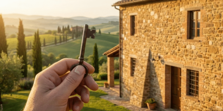 Uma mão segurando uma chave de ferro antiga com uma casa de pedra toscana e colinas verdes ao fundo sob a luz dourada