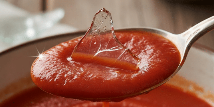 Colher levantando molho de tomate e revelando um caco de vidro brilhante no meio do molho vermelho