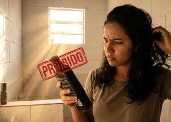 Mulher preocupada analisa produto proibido sob luz tropical