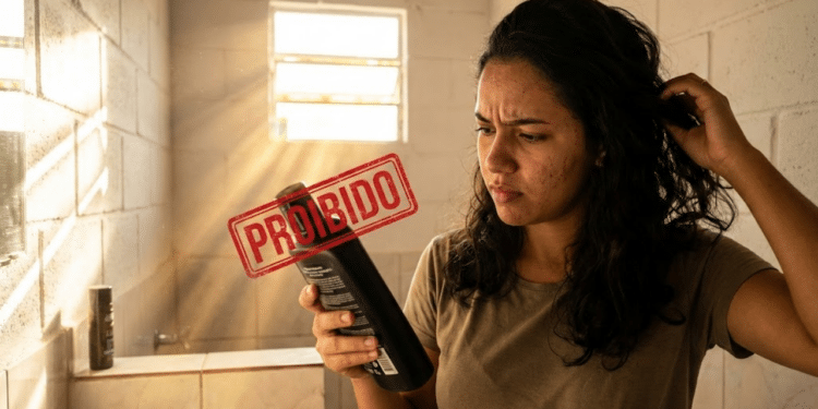 Mulher preocupada analisa produto proibido sob luz tropical