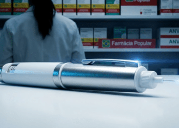 Caneta emagrecedora em destaque sob luz clínica de alerta