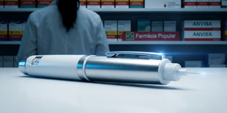 Caneta emagrecedora em destaque sob luz clínica de alerta