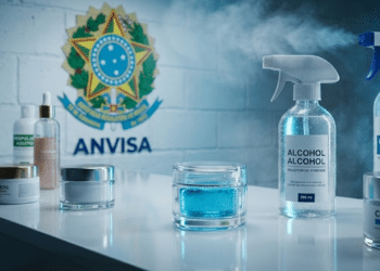 Produtos estéticos e de limpeza sob luz de inspeção sanitária