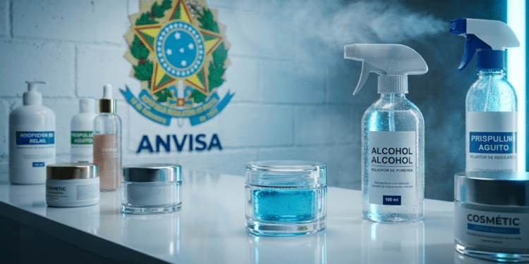 Produtos estéticos e de limpeza sob luz de inspeção sanitária