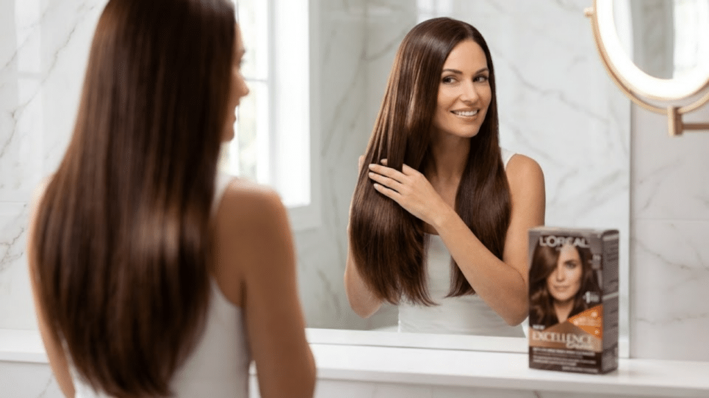 Mulher admirando brilho e cobertura total de fios brancos no espelho