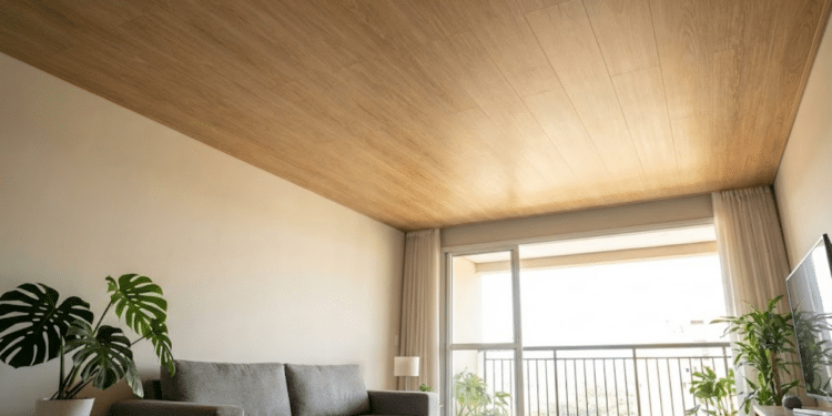 Sala moderna com forro vinílico amadeirado sob luz natural