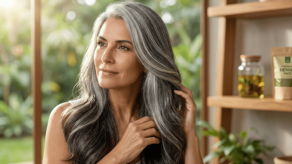 Mulher radiante exibindo brilho natural e fios brancos camuflados