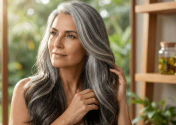 Mulher radiante exibindo brilho natural e fios brancos camuflados