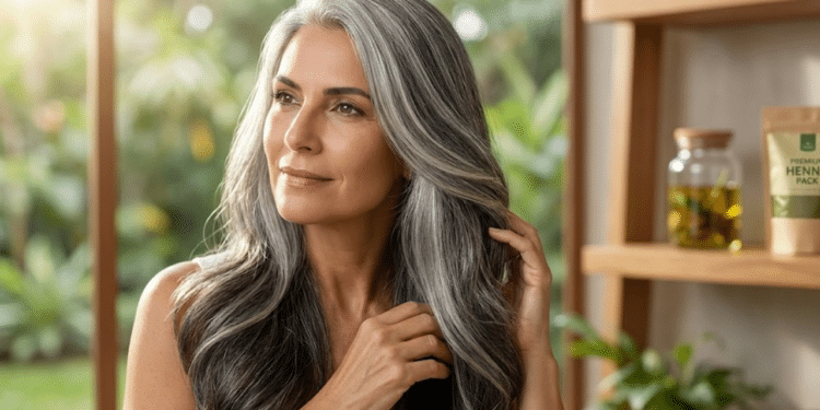 Mulher radiante exibindo brilho natural e fios brancos camuflados