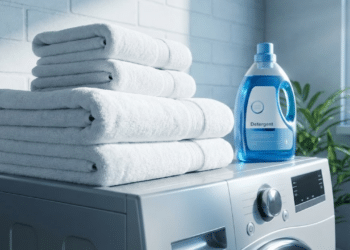 Lavanderia moderna com roupas brancas impecáveis e detergente premium