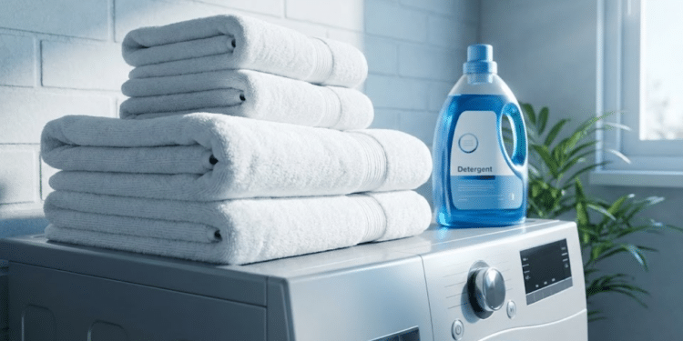 Lavanderia moderna com roupas brancas impecáveis e detergente premium