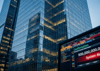 Sede bancária sob luz noturna com alerta de erro bilionário