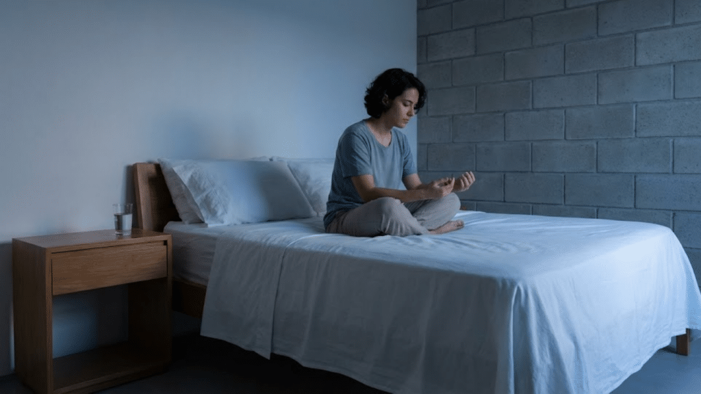 Momento de recolhimento e reflexão em um quarto minimalista.