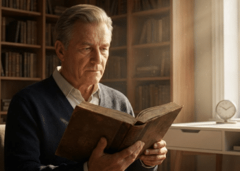 Pessoa madura em foco profundo lendo em uma biblioteca iluminada