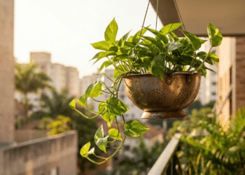 Escorredor vintage com planta Jiboia em varanda iluminada pelo pôr do sol