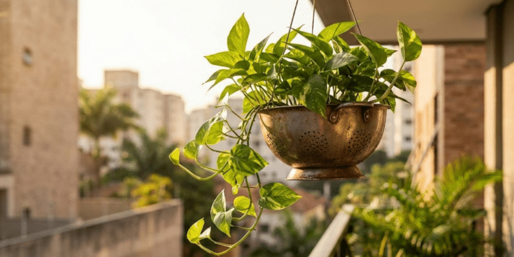Escorredor vintage com planta Jiboia em varanda iluminada pelo pôr do sol