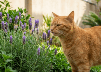 Gato cheirando lavanda em jardim urbano brasileiro sob luz natural