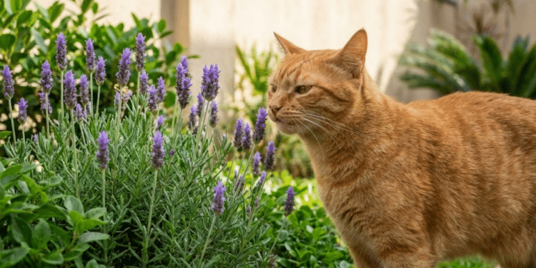 Gato cheirando lavanda em jardim urbano brasileiro sob luz natural