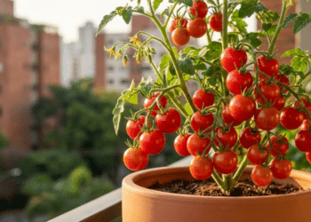 Tomate-cereja carregado em vaso terracota sob o sol da tarde