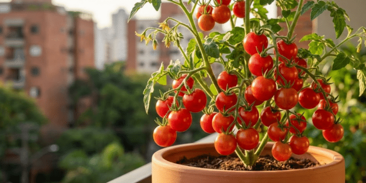 Tomate-cereja carregado em vaso terracota sob o sol da tarde