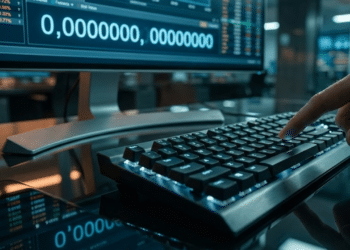 Dedo prestes a pressionar tecla em tela com valor bilionário