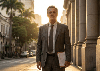 Gerente vitorioso em frente ao tribunal sob a luz do pôr do sol