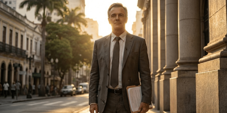 Gerente vitorioso em frente ao tribunal sob a luz do pôr do sol