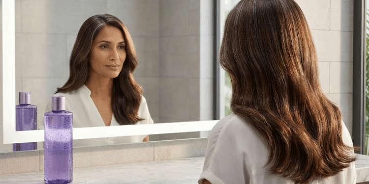 Mulher admirando cabelo com brilho e camuflagem natural no espelho