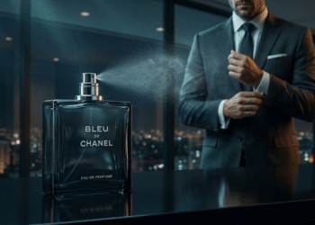 Perfume de luxo em destaque com homem elegante ao fundo