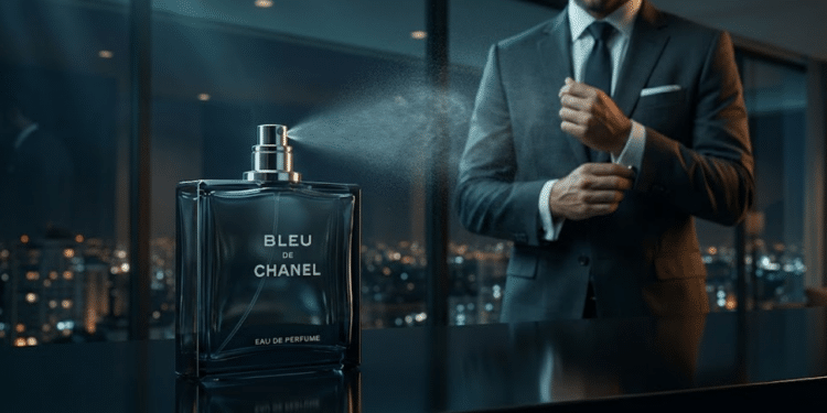 Perfume de luxo em destaque com homem elegante ao fundo