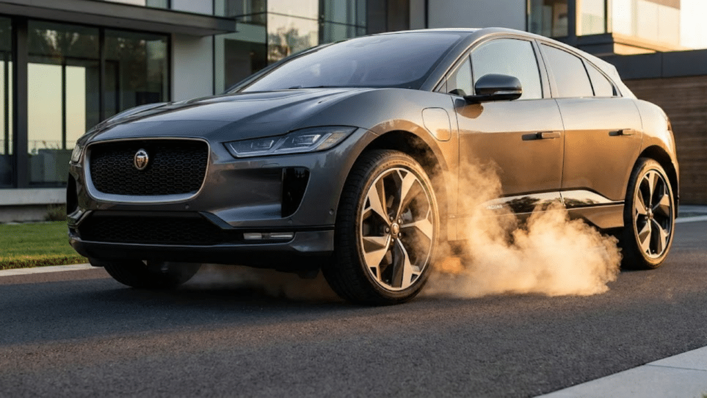 Jaguar I-Pace soltando fumaça sob luz dourada em garagem luxuosa