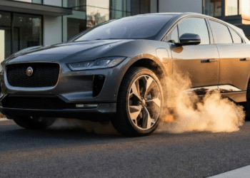 Jaguar I-Pace soltando fumaça sob luz dourada em garagem luxuosa