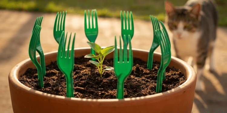 Garfos verdes protegem muda em vaso sob luz quente do entardecer