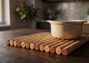 Descanso de panela de rolhas em mesa rústica com luz quente