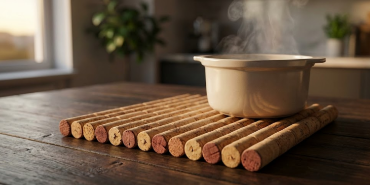 Descanso de panela de rolhas em mesa rústica com luz quente