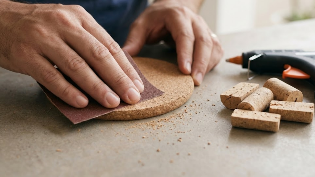 Mãos lixando porta-copos de cortiça em oficina artesanal