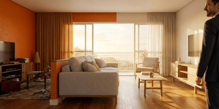 Contraste entre sala desvalorizada e ambiente preparado com home staging