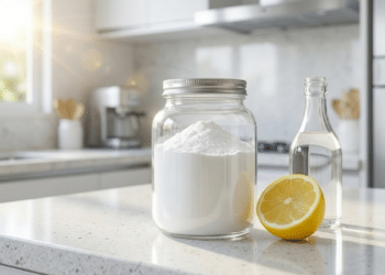 Bicarbonato, limão e vinagre em uma cozinha iluminada e limpa