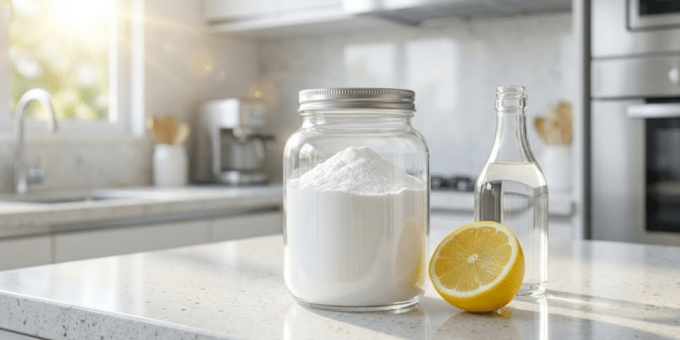 Bicarbonato, limão e vinagre em uma cozinha iluminada e limpa