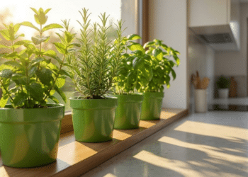 Horta de ervas aromáticas em janela ensolarada protegendo a cozinha