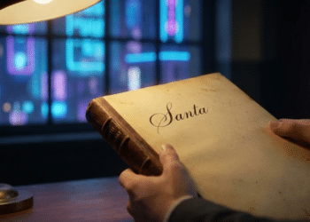 Mãos modernas folheando registro antigo com o nome 'Santa'