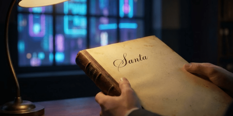 Mãos modernas folheando registro antigo com o nome 'Santa'