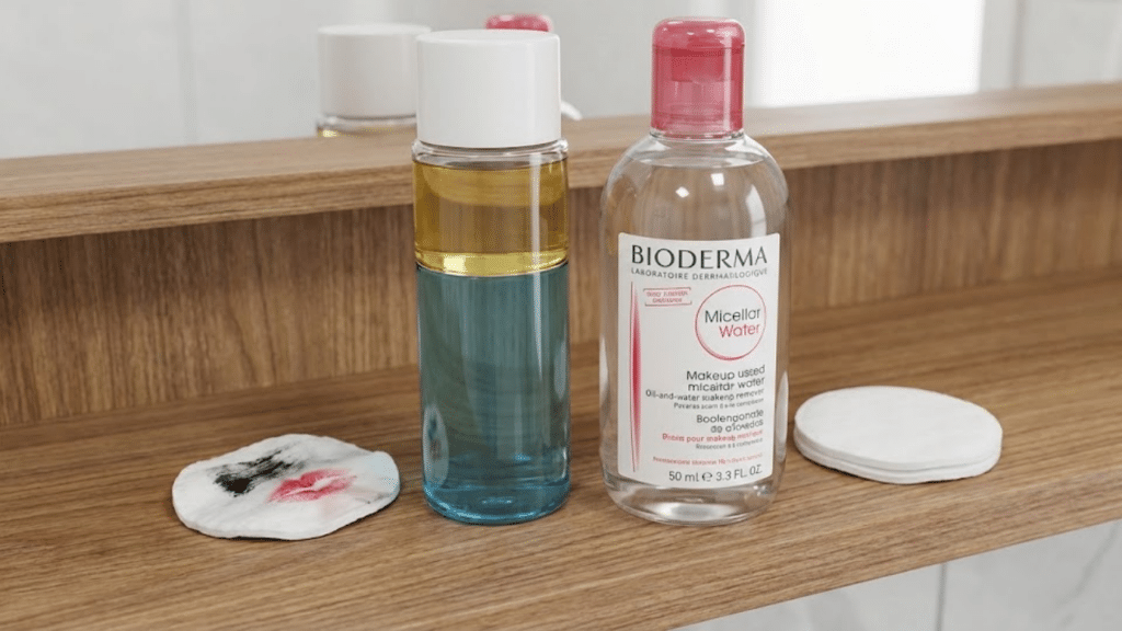 Duo de limpeza: demaquilante bifásico e água micelar lado a lado