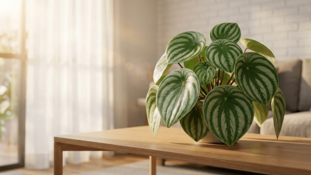 Peperômia-melancia em destaque sob luz solar suave em sala moderna