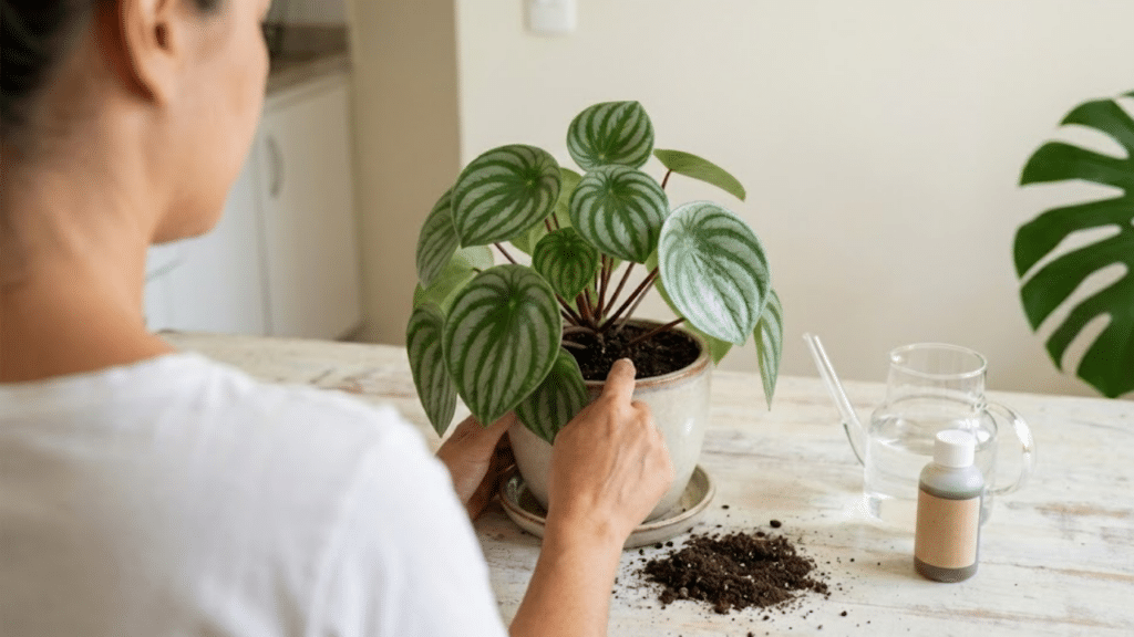 Pessoa testando a umidade da terra em ambiente doméstico iluminado