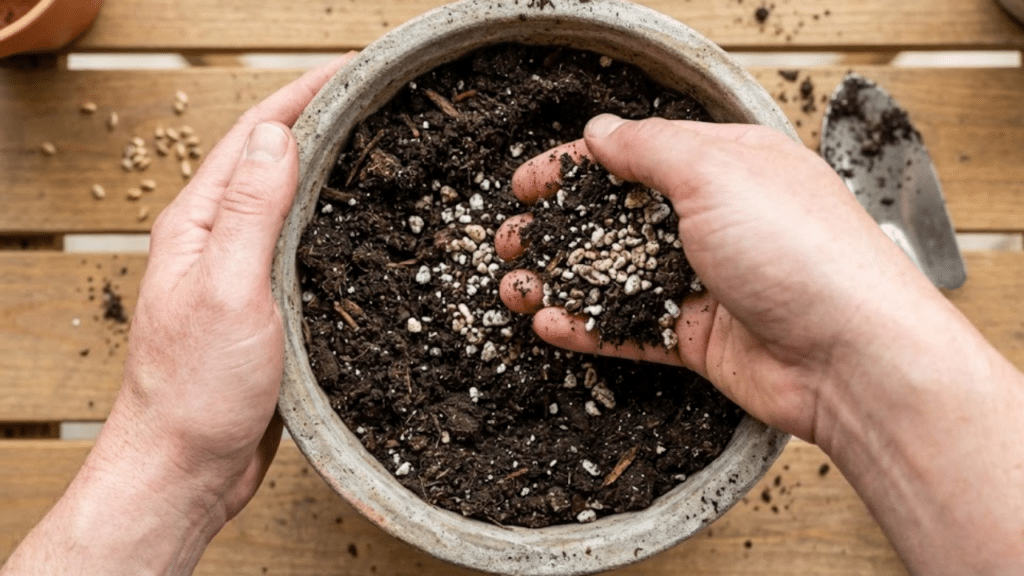 Mãos preparando substrato rico e aerado em um vaso de cimento