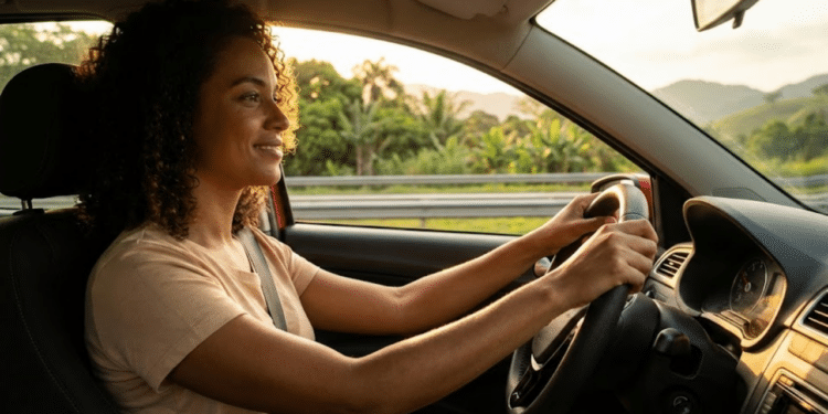 Motorista confiante e relaxada em viagem sob a luz do sol
