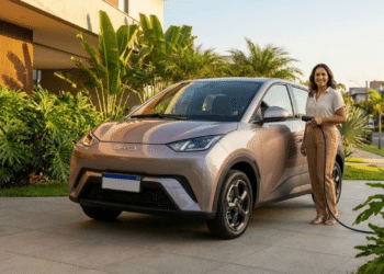 Mulher confiante ao lado de um carro elétrico moderno em uma casa brasileira ao pôr do sol