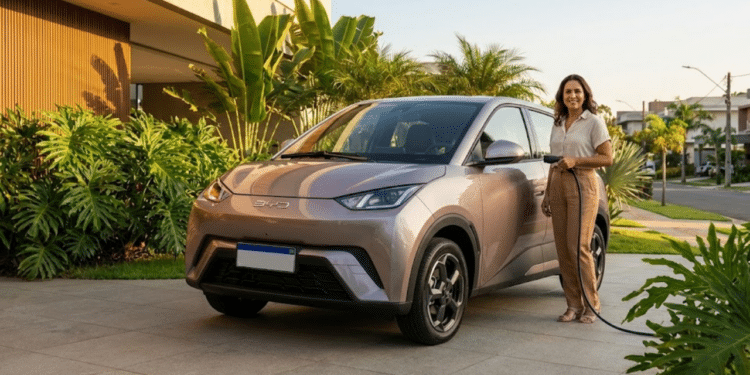 Mulher confiante ao lado de um carro elétrico moderno em uma casa brasileira ao pôr do sol