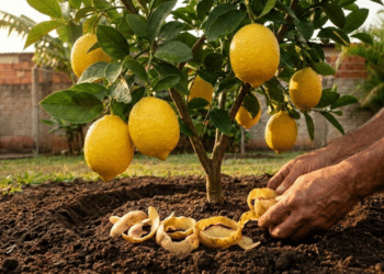 Mãos de um jardineiro adubando um limoeiro carregado sob a luz dourada